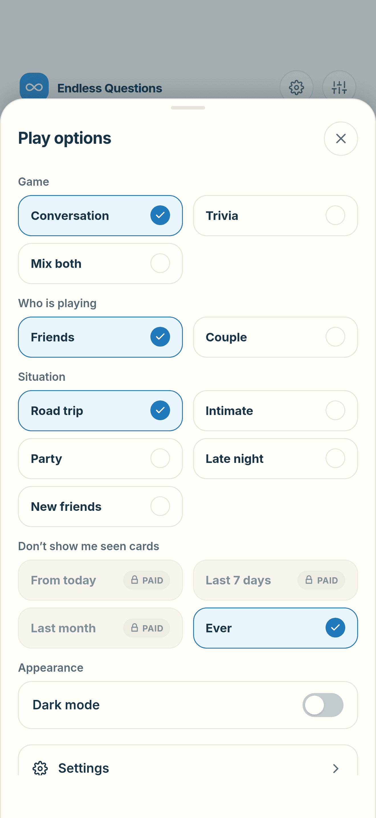 Play options: choose Conversation, Trivia or Mix both, who is playing, the situation, and how long seen cards stay away.