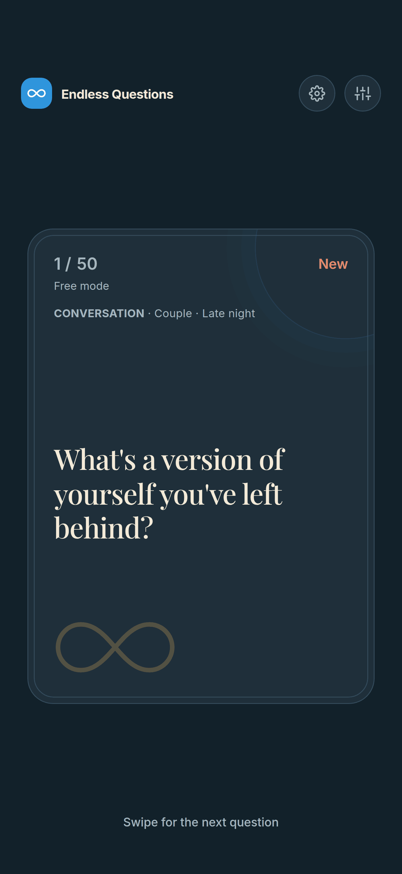 Dark mode conversation card for a couple late at night: “What’s a version of yourself you’ve left behind?”