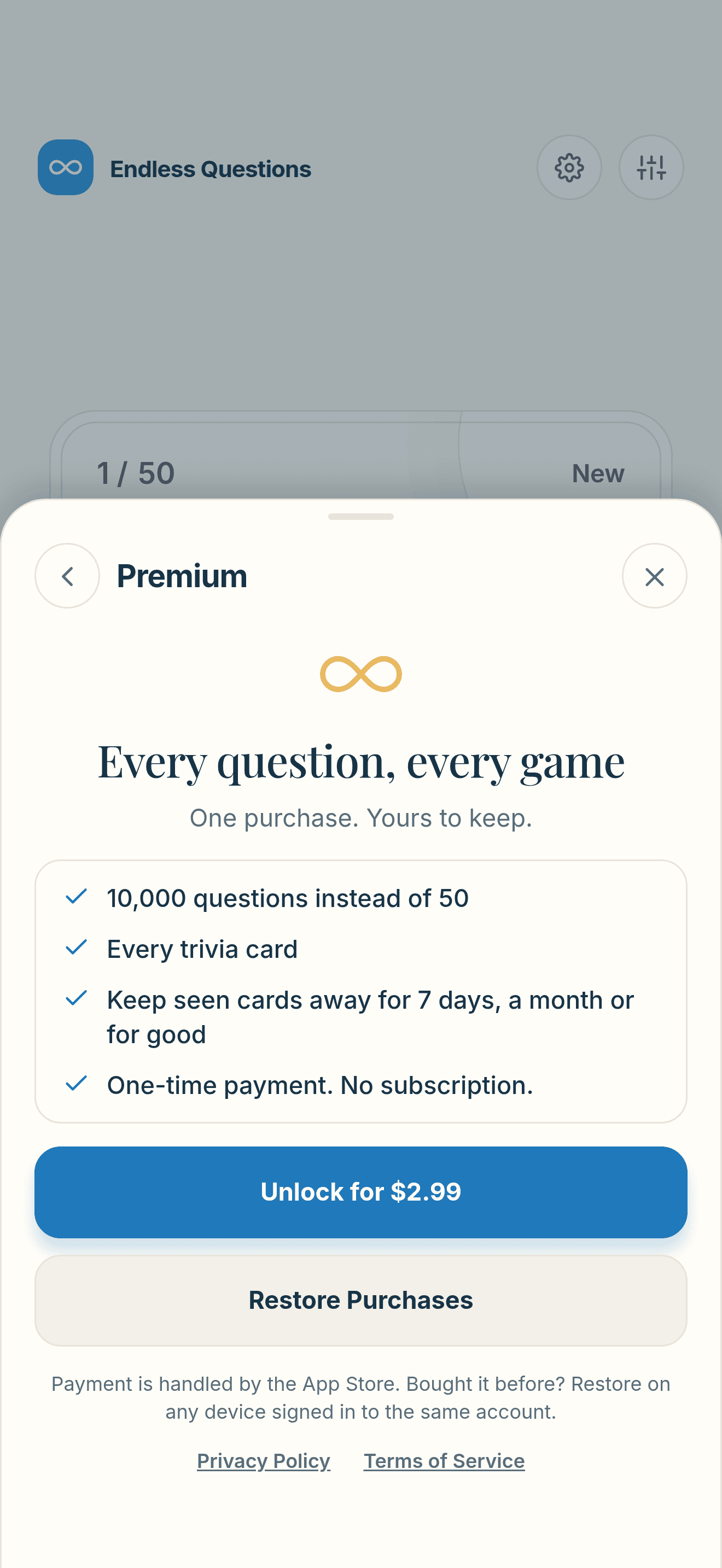 Premium screen with the headline “Every question, every game”, an Unlock for $2.99 button and a Restore Purchases button.