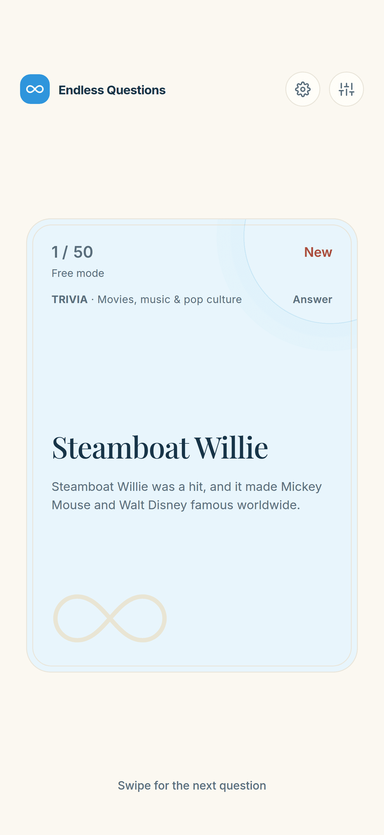 Trivia answer card in Movies, music & pop culture: Steamboat Willie.